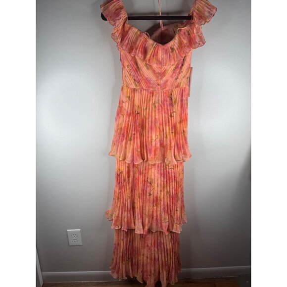 New Theia Beth Pleated Tiered Maxi Evening Gown Dress Peach Size 4 $895 - Picture 8 of 12